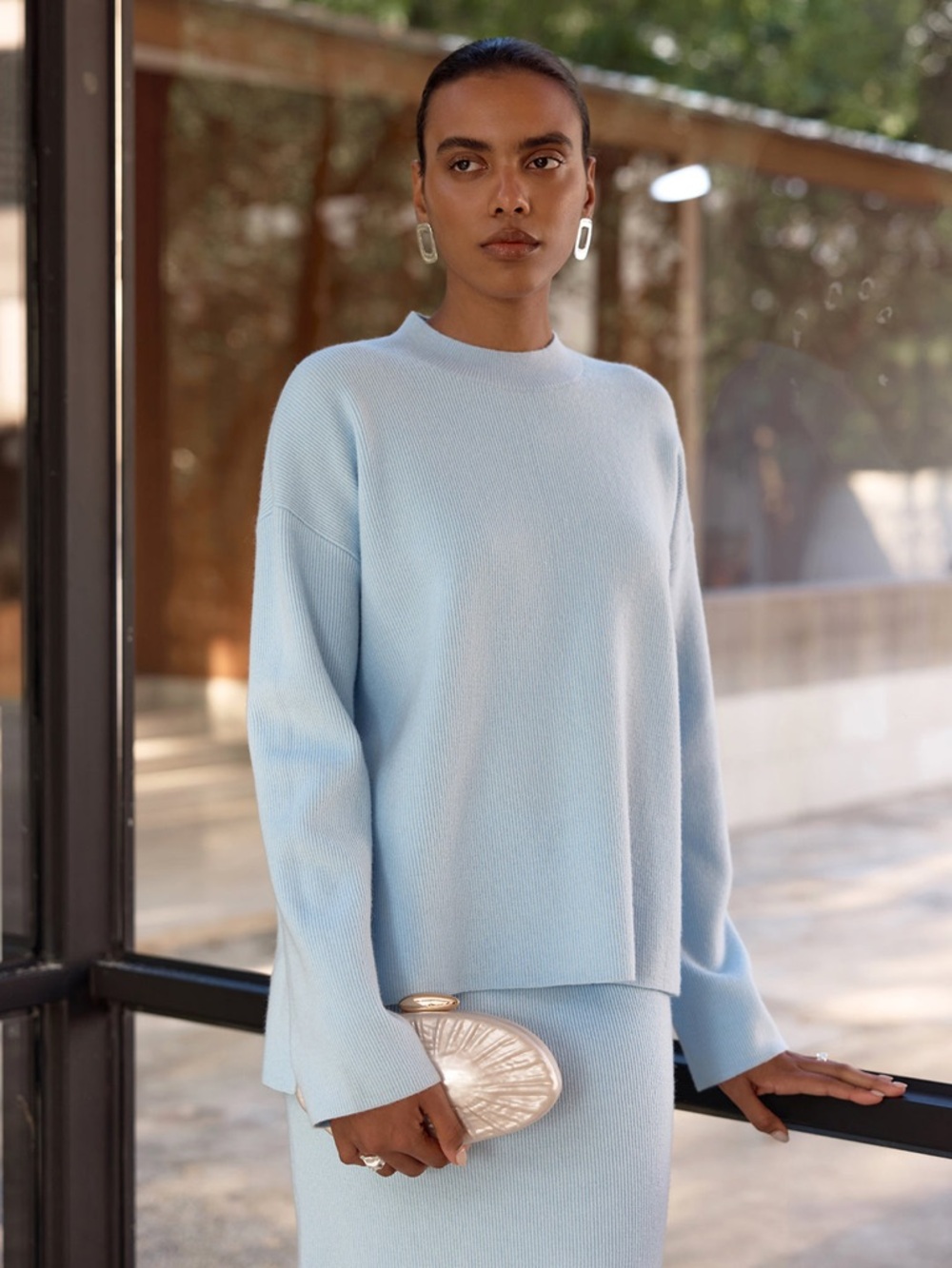 Commense Baby Blue Side-Slit Ribbed Knit Top & Midi Skirt Set Medium - Picture 2 of 5